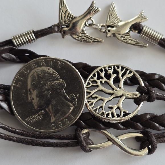 Bracelet with Peace sign, infinity symbol, and tree charms brown silver tone - Picture 6 of 8